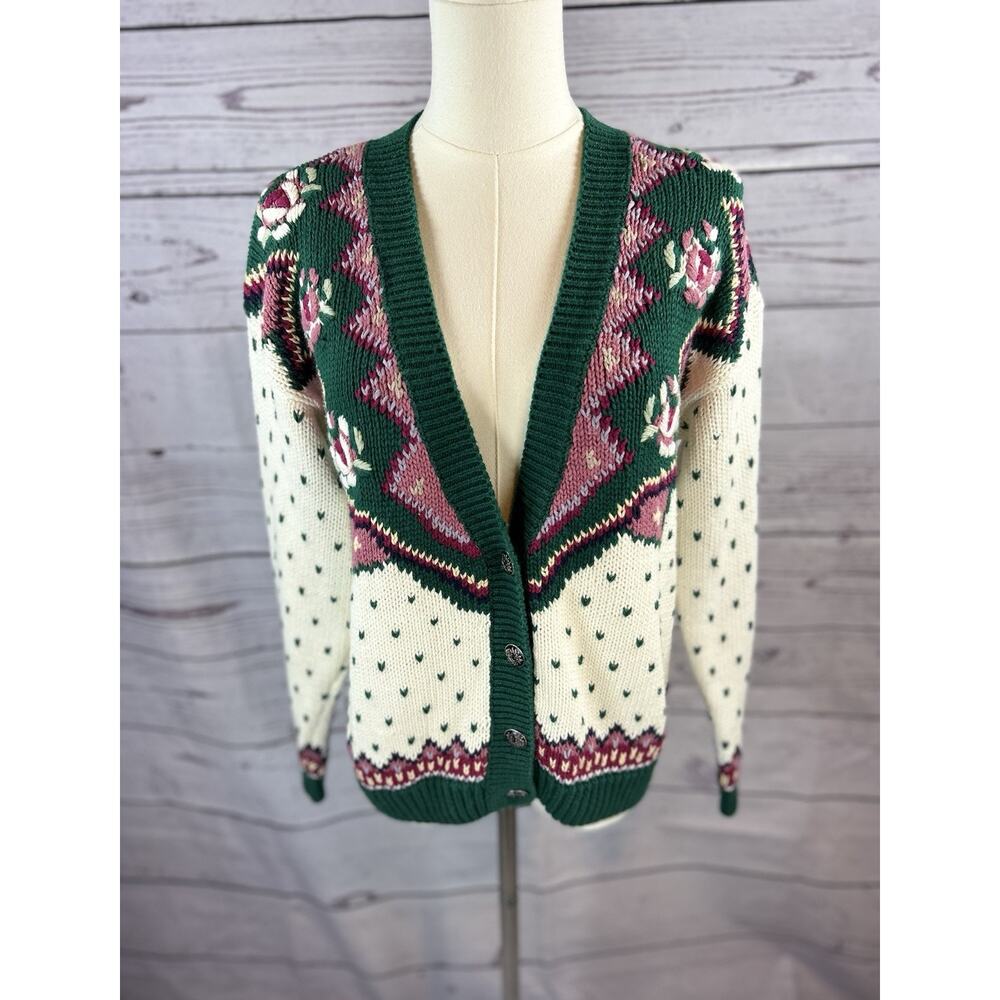 Vintage 80s Margules Cardigan Sweater Women Small White Pink Floral Button Knit